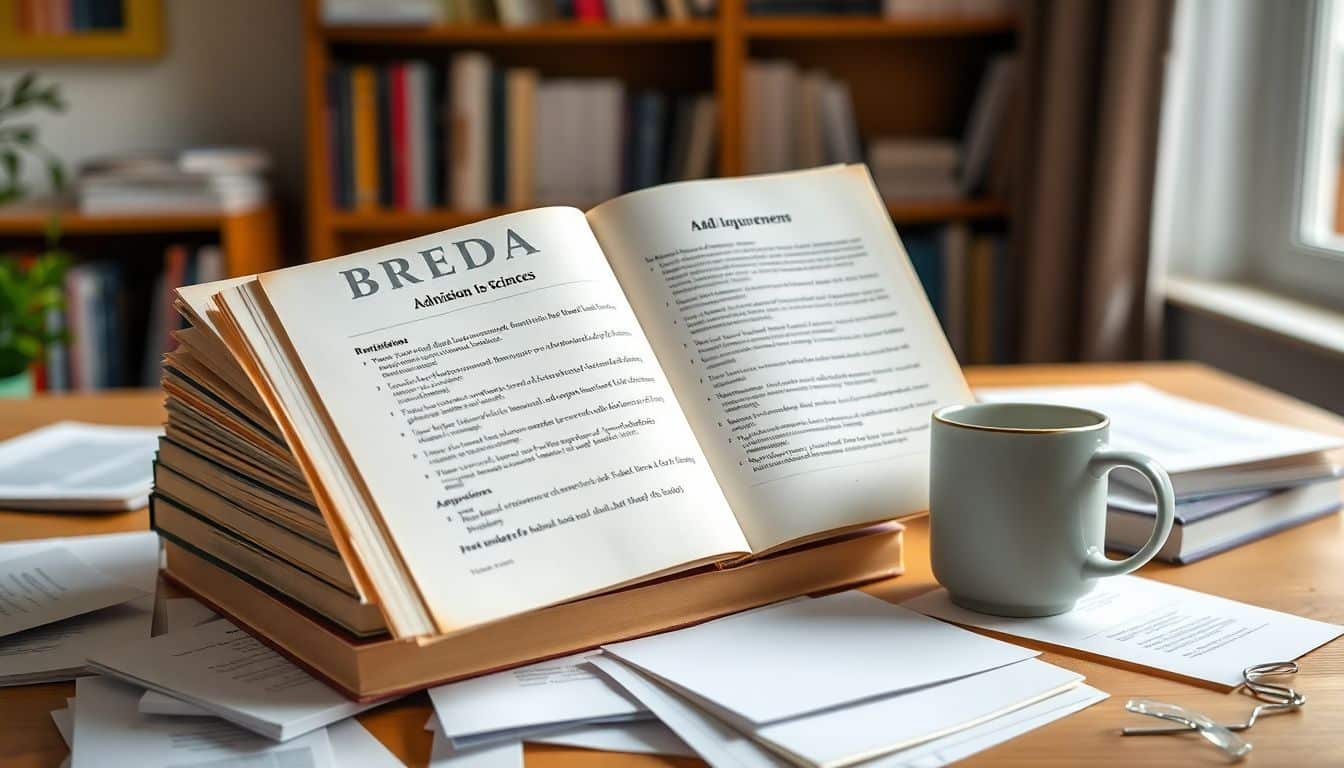 Stapel academische boeken en notities over toelatingseisen van Breda University.