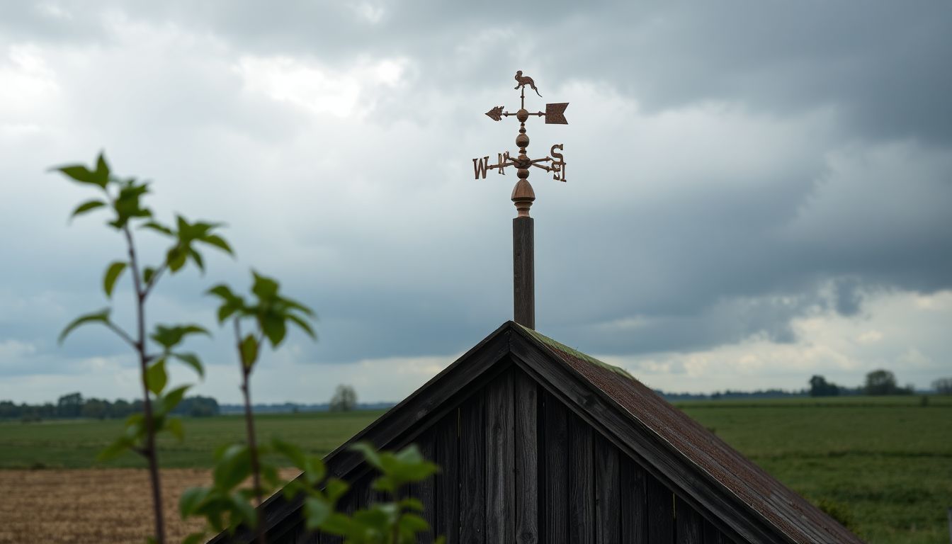Een oude houten windwijzer op een schuur met donkere wolken.
