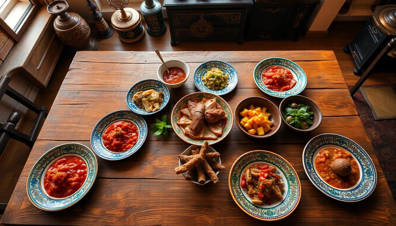 Een rustieke eettafel met traditionele Turkse gerechten en decoraties.