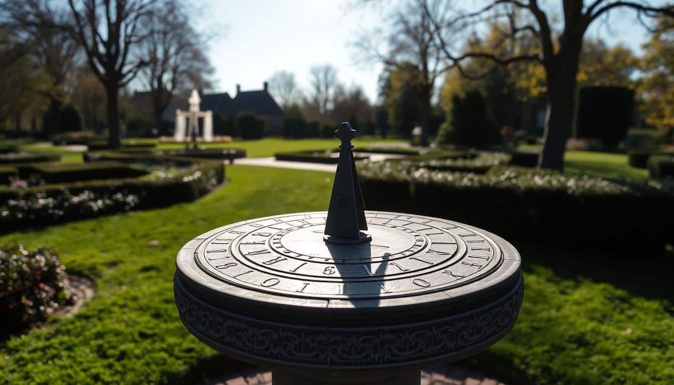 Een traditionele zonnewijzer in een rustige tuin in Breda.