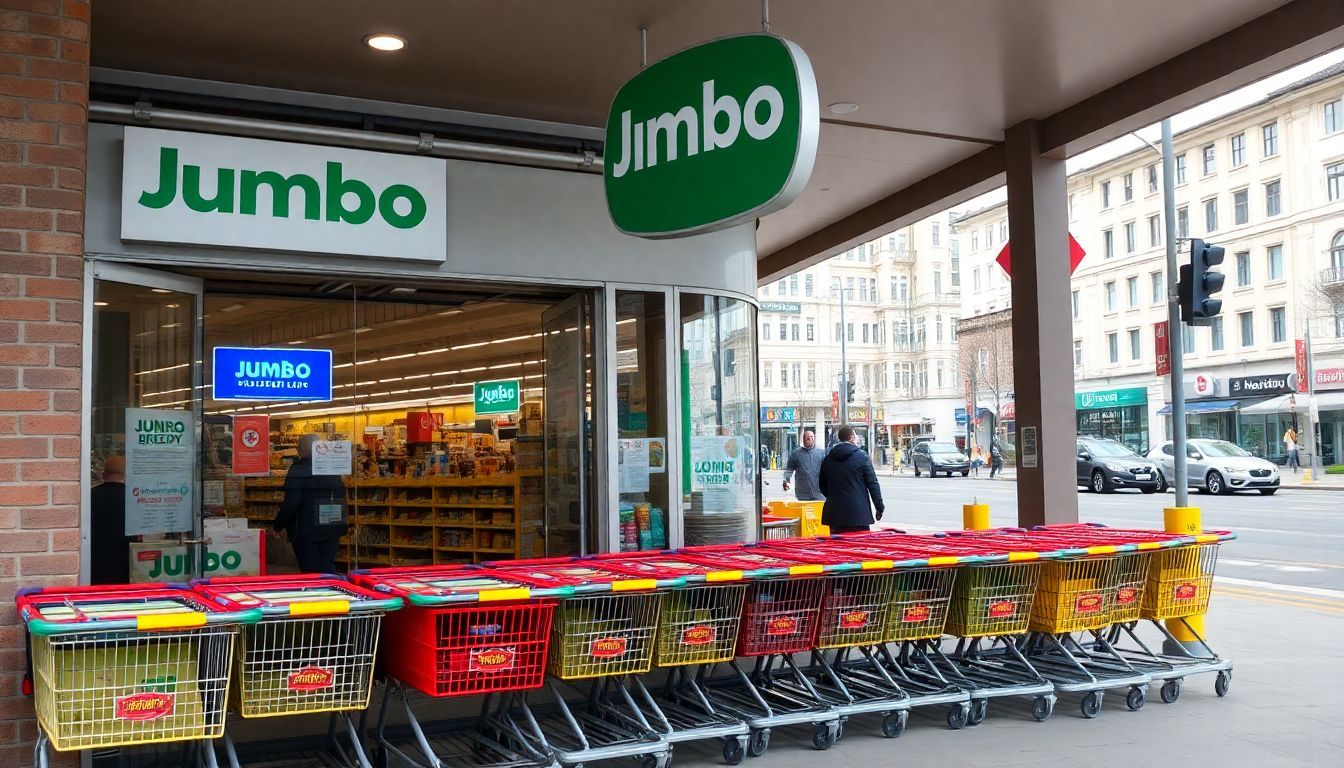 De ingang van de Jumbo Breda supermarkt met winkelwagens buiten.