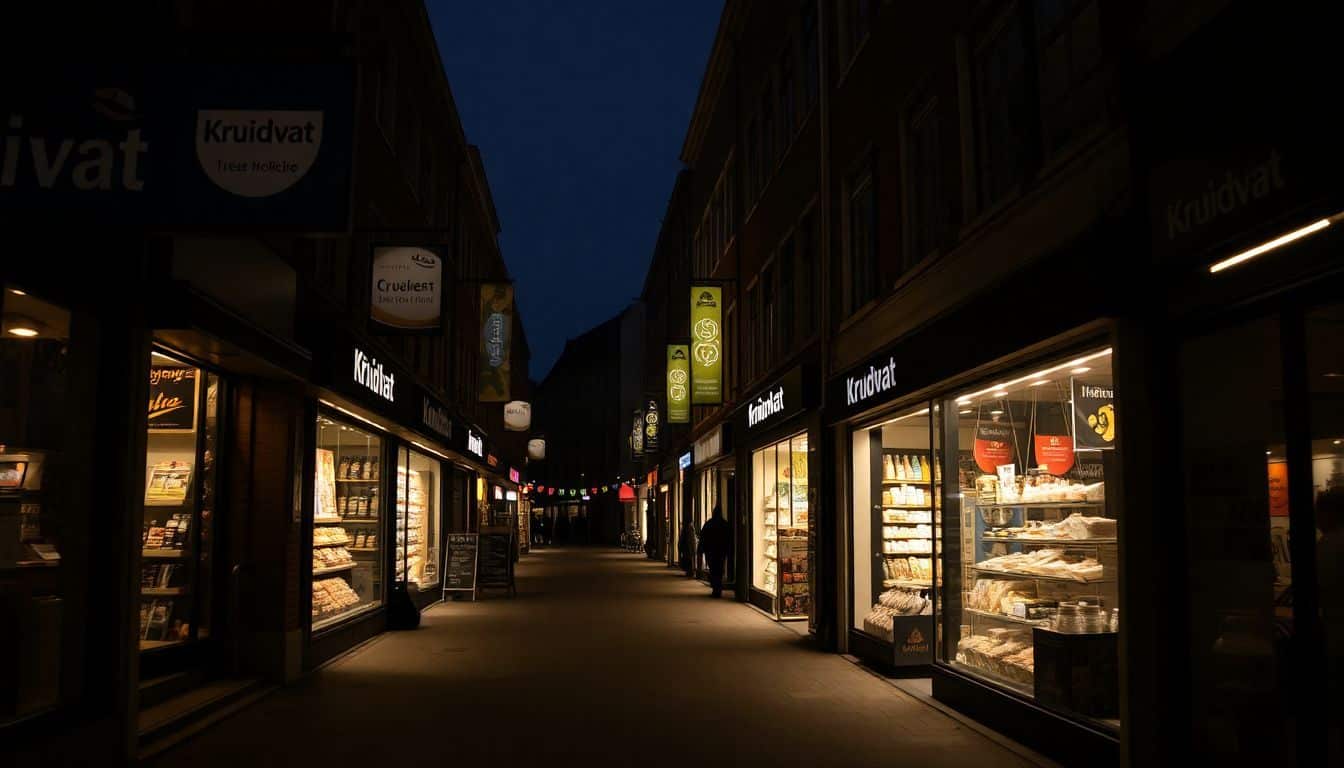 Een donker verlichte straat in Breda met verschillende Kruidvat winkels.