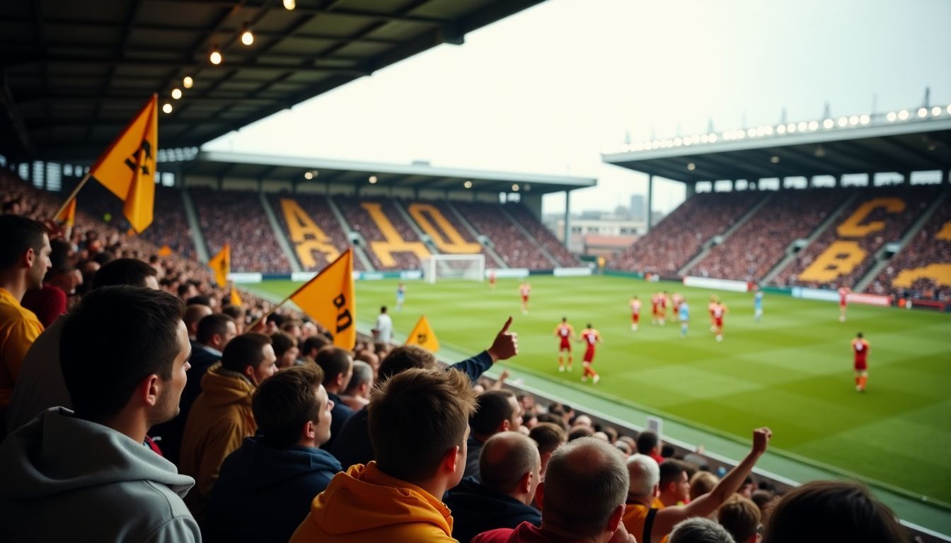 Een levendige voetbalwedstrijd met enthousiaste supporters in een rustiek stadion.