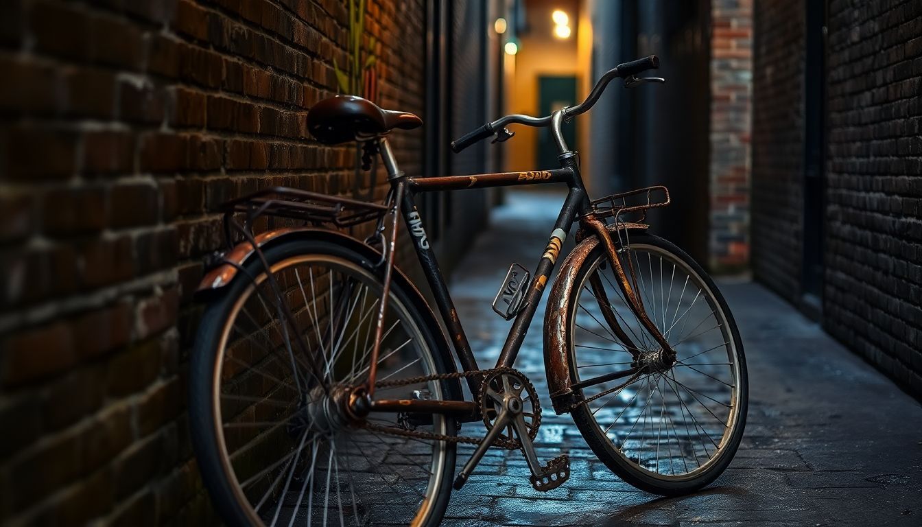 Een verlaten roestige fiets in een donker steegje in Breda.