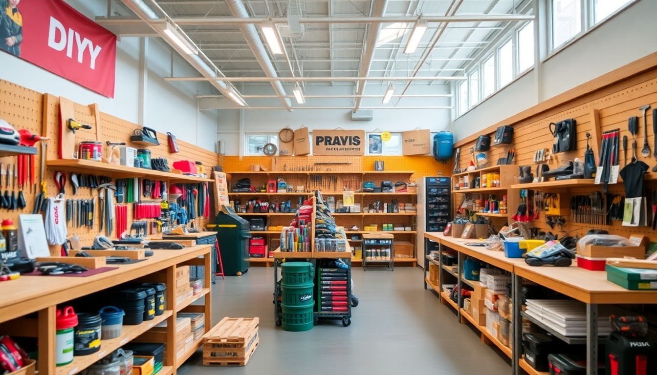Een ruime doe-het-zelfwinkel met georganiseerde schappen en gereedschap.
