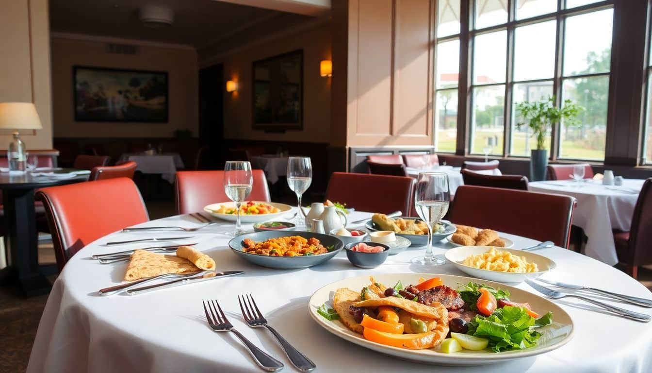 Een mooi gedekte eettafel met diverse maaltijden bij Van der Valk Breda's restaurant.