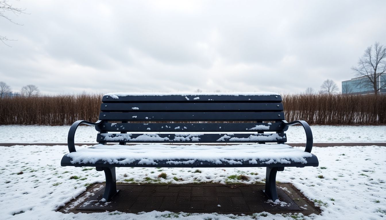 Een lege parkbank bedekt met een beetje sneeuw in Breda.