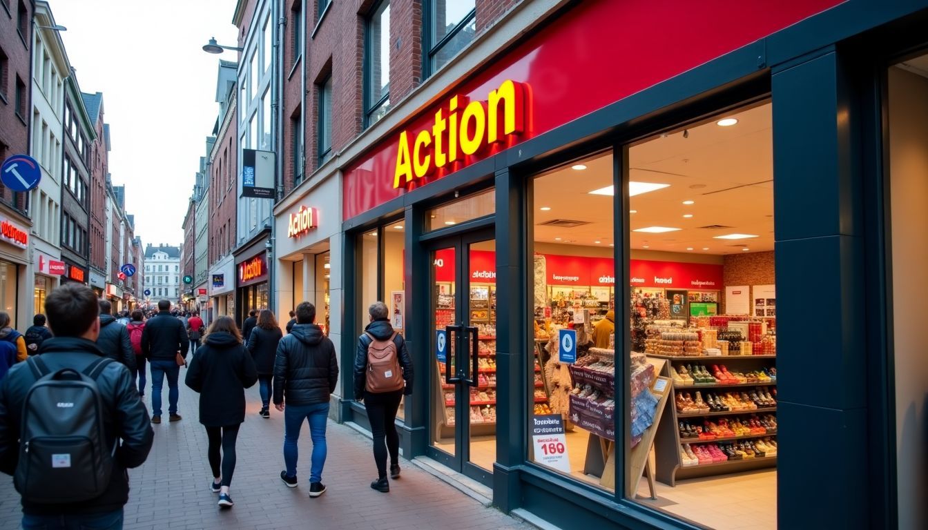 Dit is een foto van de buitenkant van Action Breda in een levendig stadscentrum.
