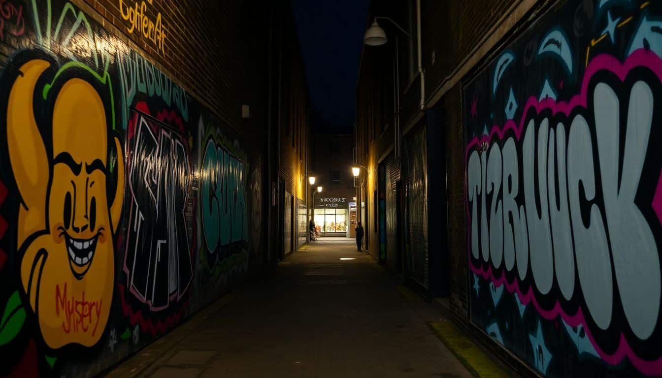 Een casual foto van een donker steegje met kleurrijke street art in Breda.