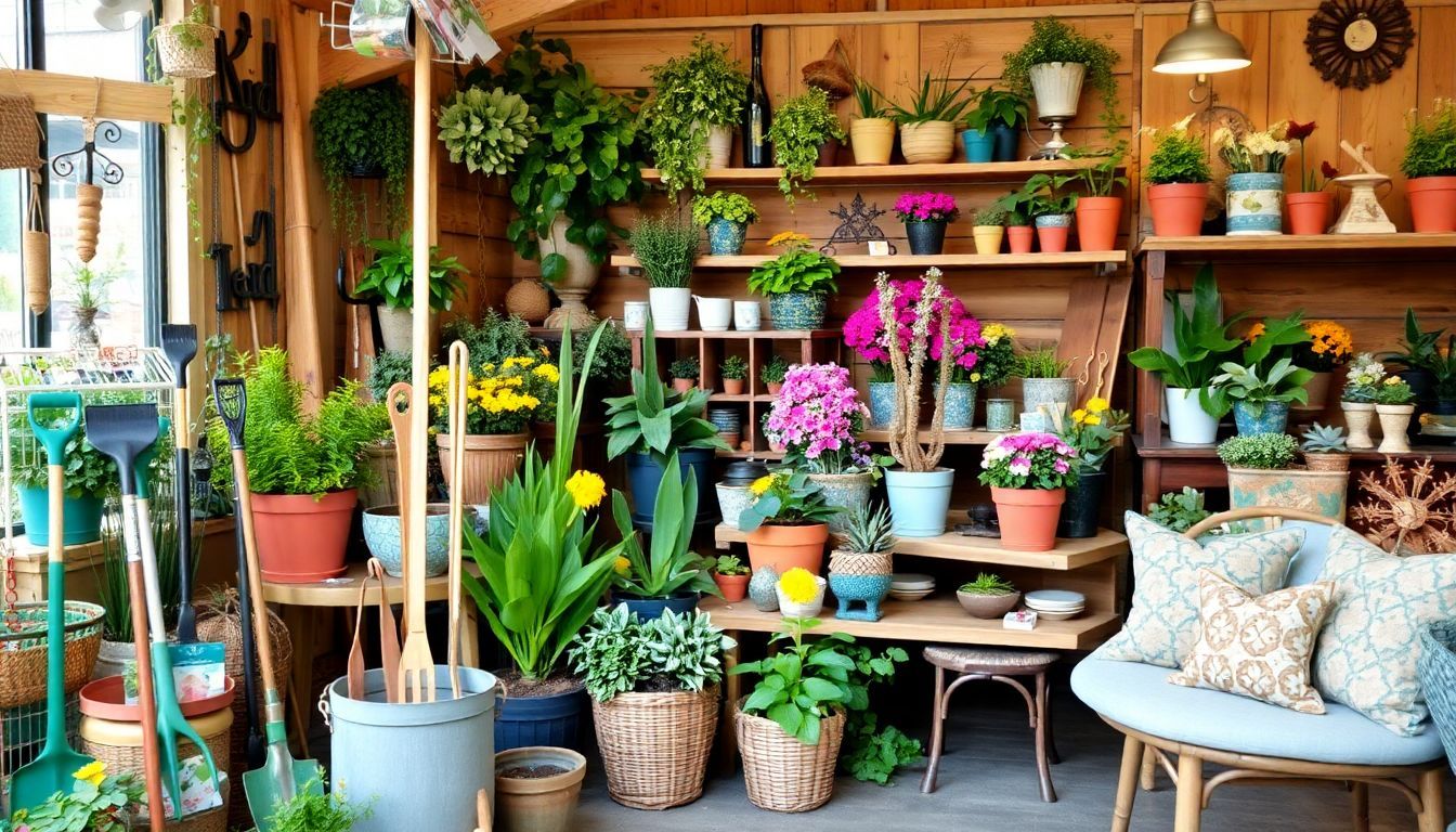 Een gezellige tuincentrum met bloemen, planten en tuinbenodigdheden.