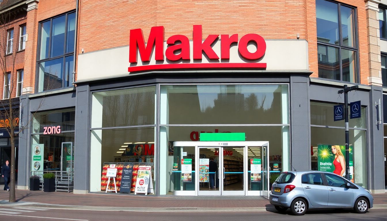 De buitenkant van Makro Breda, met borden en ingang.