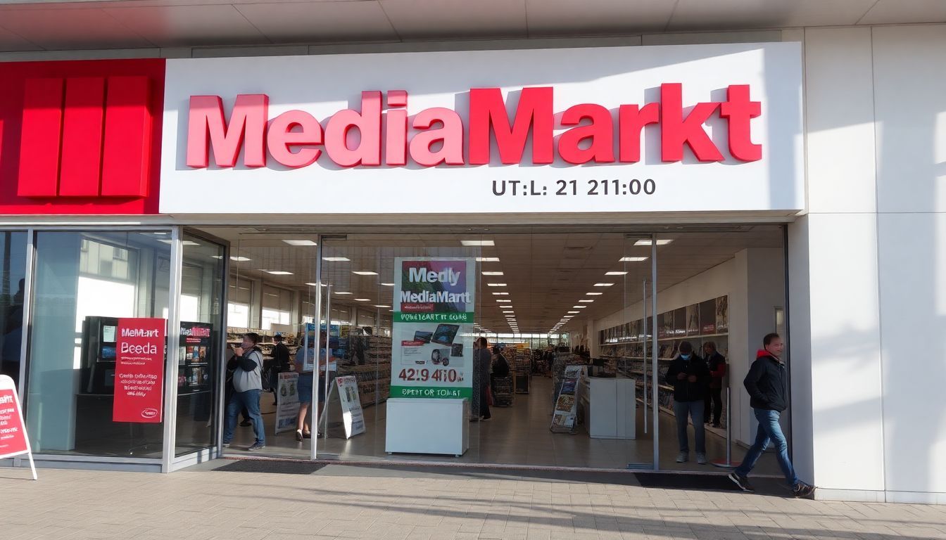 Een foto van de buitenkant van MediaMarkt Breda, met duidelijke openingstijden.