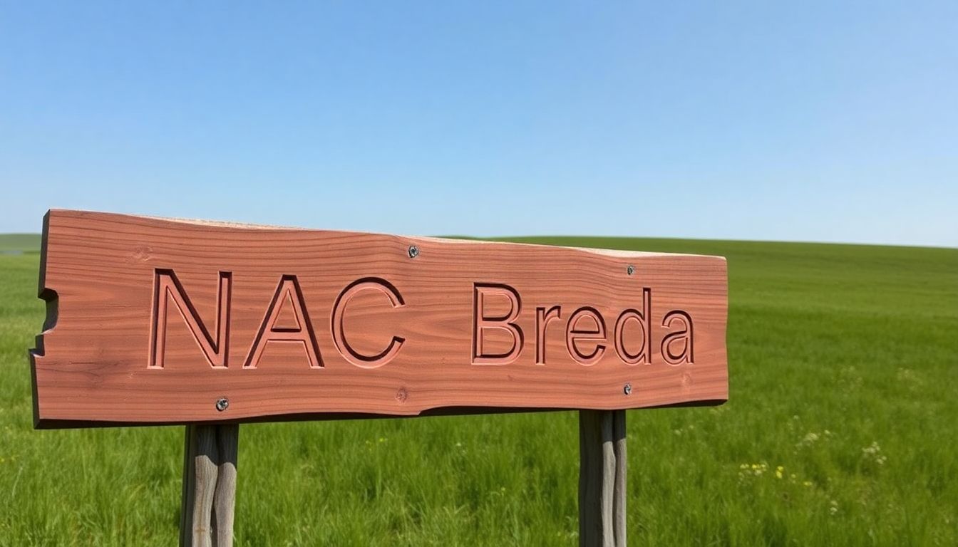 Een rustieke houten bord met de tekst 'NAC Breda' staat voor groene weiden onder een heldere blauwe lucht.