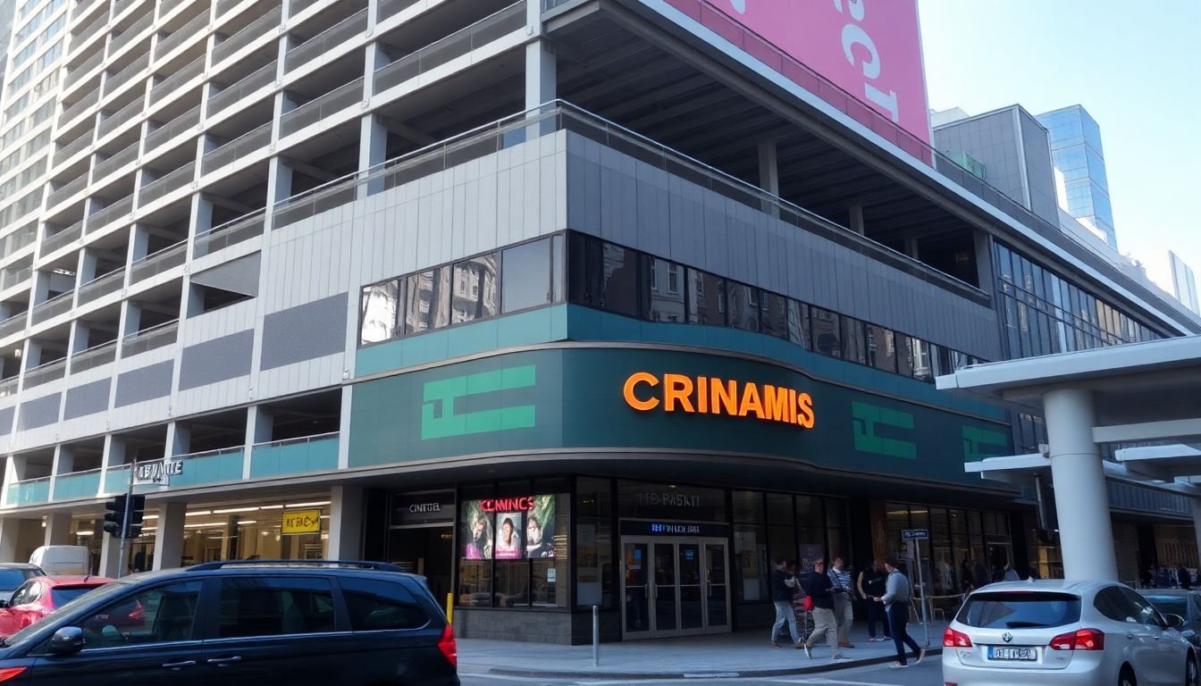 Een bioscoop in het drukke stadscentrum, omringd door een parkeergarage en treinstation.